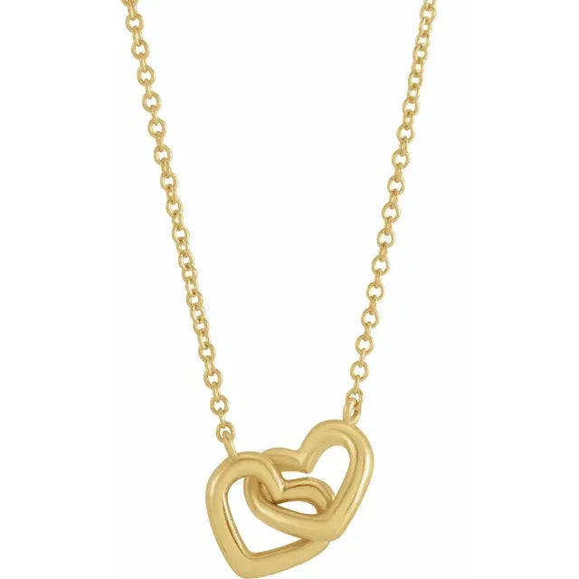 Interlocking Double Heart Necklace Solid 14K Yellow White Rose Gold or Sterling Silver