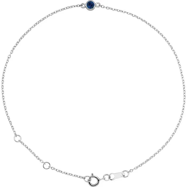 Birthday Suit Bezel Birthstone Lab-Grown Blue Sapphire Adjustable Bracelet in 14K White Gold or Sterling Silver
