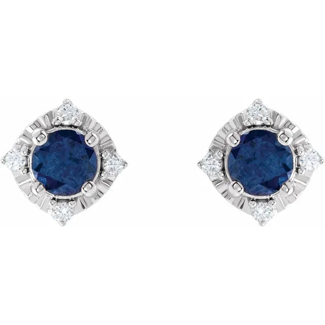 Luxe Wear Everyday™ Halo Style Birthstone Lab-Grown Blue Sapphire & Natural Diamond Stud Earrings Sterling Silver