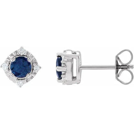 Luxe Wear Everyday™ Halo Style Birthstone Lab-Grown Blue Sapphire & Natural Diamond Stud Earrings Sterling Silver