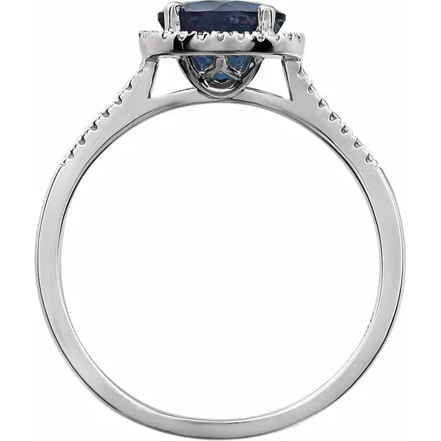 Round Statement Birthstone Lab-Grown Blue Sapphire & Diamond Halo Style Sterling Silver Ring