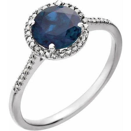 Round Statement Birthstone Lab-Grown Blue Sapphire & Diamond Halo Style Sterling Silver Ring