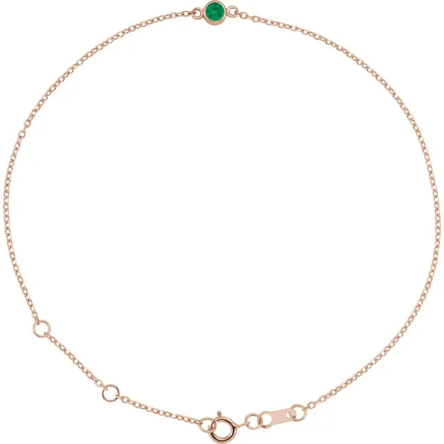 Birthday Suit Bezel Birthstone Lab-Grown Emerald Adjustable Bracelet in 14K Rose Gold 