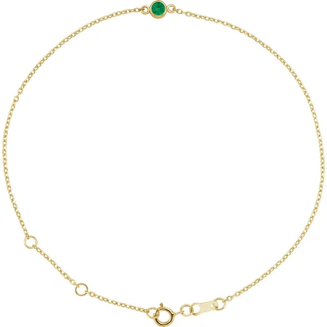 Birthday Suit Bezel Birthstone Lab-Grown Emerald Adjustable Bracelet in 14K Yellow Gold 