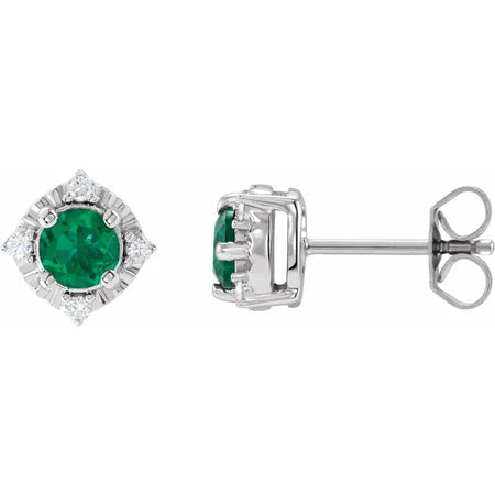 Luxe Wear Everyday™ Halo Style Birthstone Lab-Grown Emerald & Natural Diamond Stud Earrings Sterling Silver