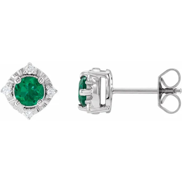 Luxe Wear Everyday™ Halo Style Birthstone Lab-Grown Emerald & Natural Diamond Stud Earrings Sterling Silver