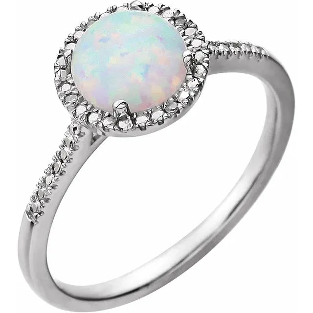 Round Statement Birthstone Lab-Grown Opal & Diamond Halo Style Sterling Silver Ring
