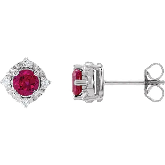 Luxe Wear Everyday™ Halo Style Birthstone Lab-Grown Ruby & Natural Diamond Stud Earrings Sterling Silver