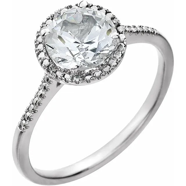 Round Statement Birthstone Lab-Grown White Sapphire & Diamond Halo Style Sterling Silver Ring