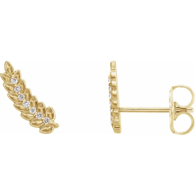 Leaf Natural Diamond Ear Climber Earrings in 14K Yellow Gold