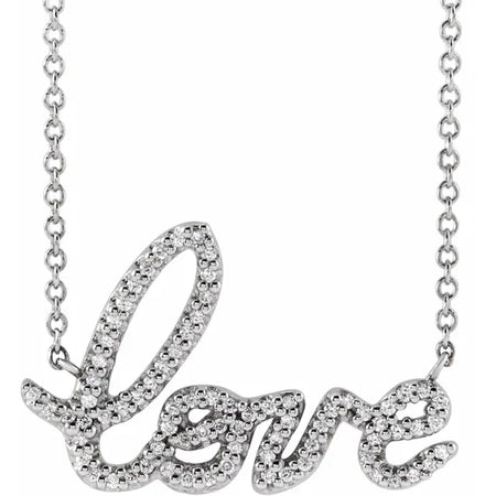 Love Script Natural Diamond Necklace in 14K White or Sterling Silver