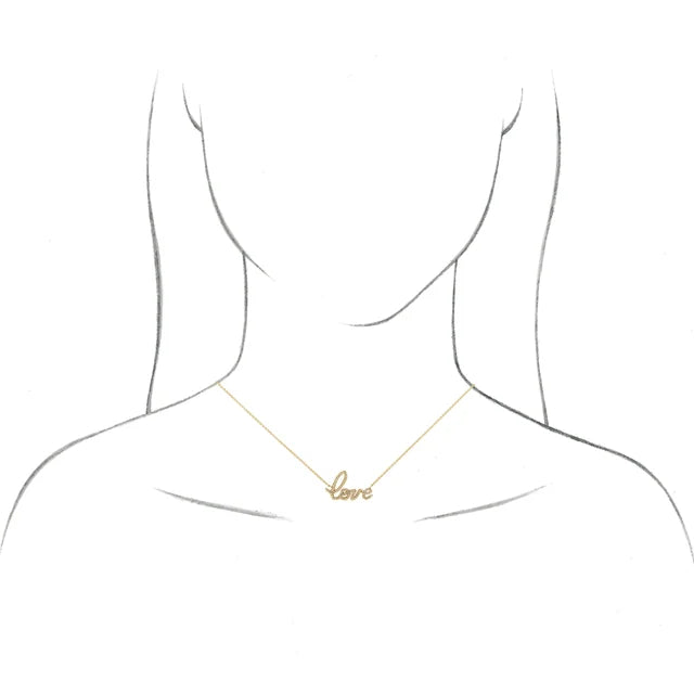 Love Script Natural Diamond Necklace in 14K Yellow Gold on Model Rendering