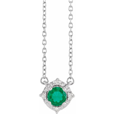 Luxe Wear Everyday™ Halo Style Birthstone Lab-Grown Emerald & Natural Diamond 18" Necklace Sterling Silver 