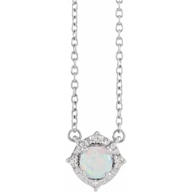 Luxe Wear Everyday™ Halo Style Birthstone Lab-Grown Opal & Natural Diamond 18" Necklace Sterling Silver 