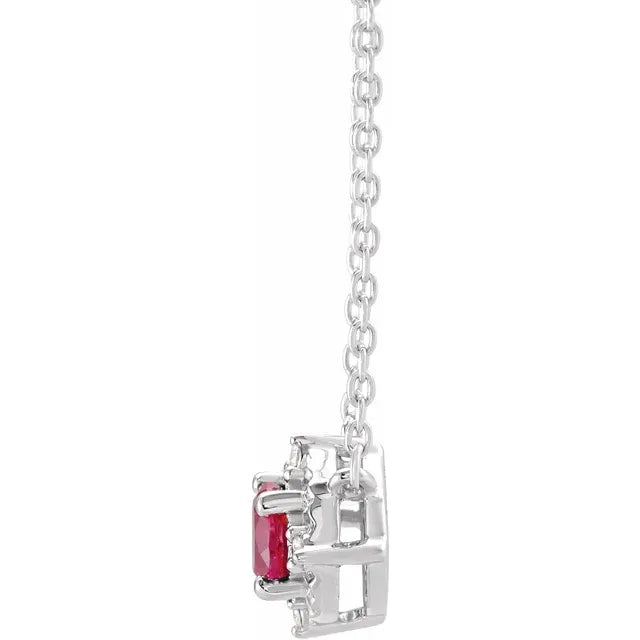Luxe Wear Everyday™ Halo Style Birthstone Lab-Grown Ruby & Natural Diamond 18" Necklace Sterling Silver 