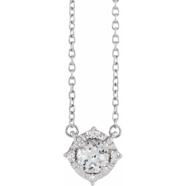 Luxe Wear Everyday™ Halo Style Birthstone Lab-Grown White Sapphire & Natural Diamond 18" Necklace Sterling Silver 