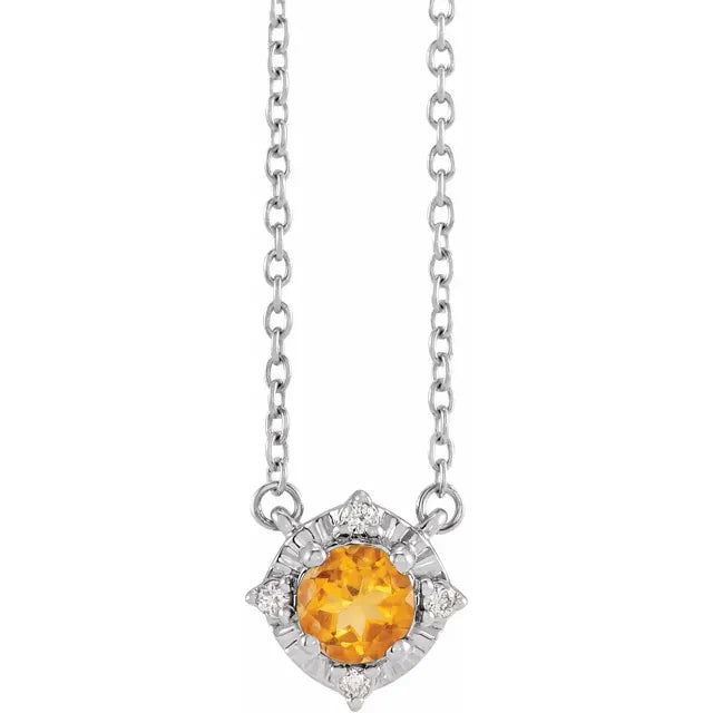 Luxe Wear Everyday™ Halo Style Birthstone Natural Citrine & Natural Diamond 18" Necklace Sterling Silver 