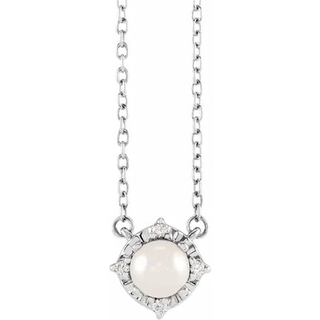 Luxe Wear Everyday™ Halo Style Birthstone Cultured Freshwater Pearl & Natural Diamond 18" Necklace Sterling Silver 