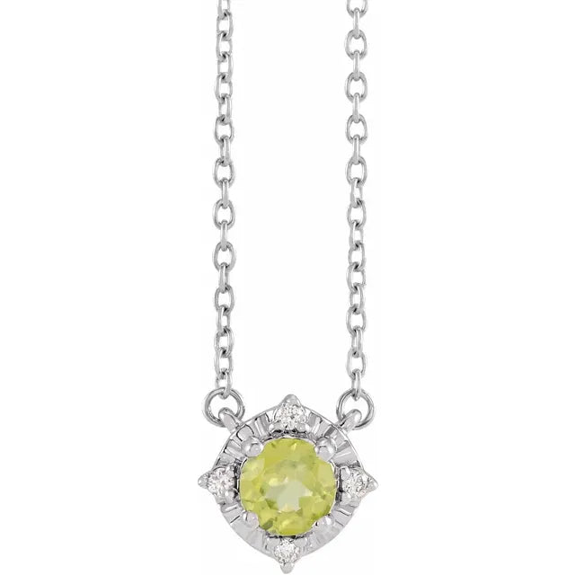 Luxe Wear Everyday™ Halo Style Birthstone Natural Peridot & Natural Diamond 18" Necklace Sterling Silver 
