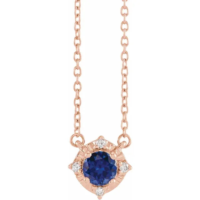 Luxe Wear Everyday™ Halo Style Birthstone Lab-Grown Blue Sapphire & Natural Diamond 18" Necklace Solid 14K Rose Gold 