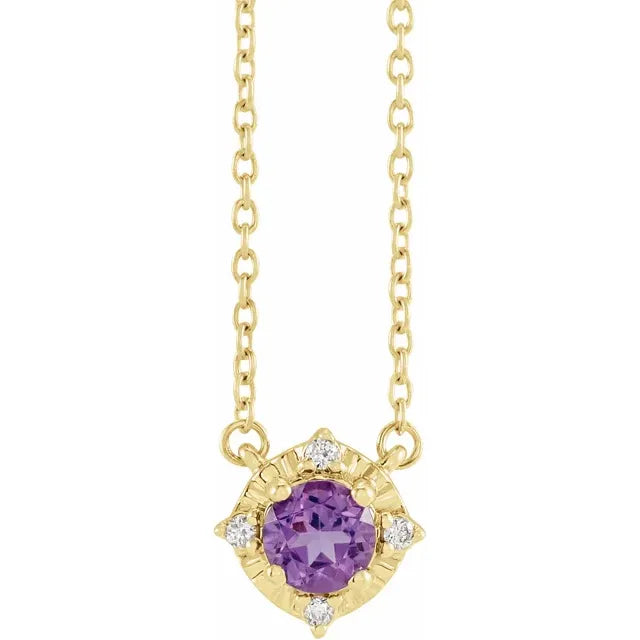 Luxe Wear Everyday™ Halo Style Birthstone Natural Amethyst & Natural Diamond 18" Necklace Solid 14K Yellow Gold 
