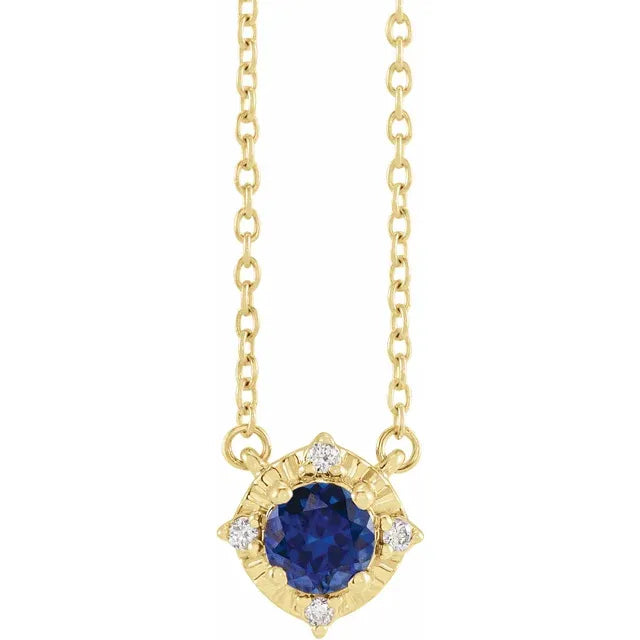 Luxe Wear Everyday™ Halo Style Birthstone Lab-Grown Blue Sapphire & Natural Diamond 18" Necklace Solid 14K Yellow Gold 