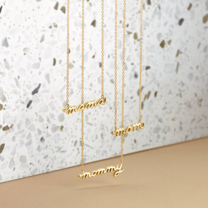 Mama Mom and Mommy Script Necklaces in 14K Yellow Gold