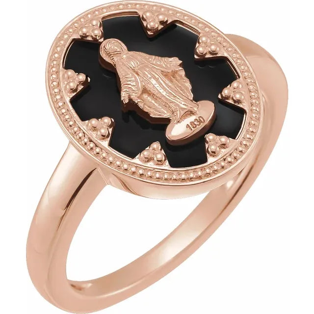 Miraculous Medal Black Enamel Solid 14K Rose Gold Ring