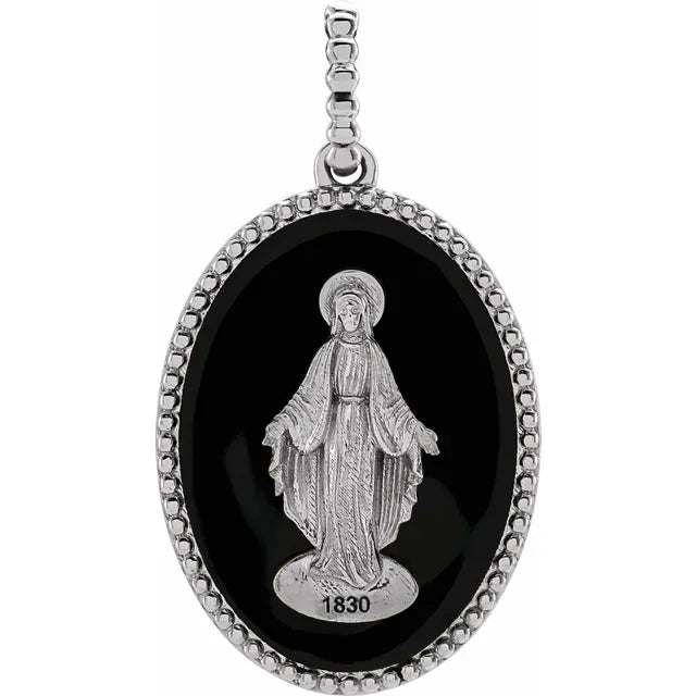 Miraculous Medal Mary Pendant Charm Black Enamel Solid 14K White Gold or Sterling Silver