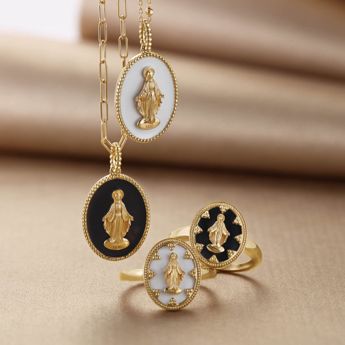 Miraculous Medal Mary Pendant Charm Black & White Enamel Solid 14K Yellow Gold on Gold Chains with Matching Rings