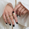 Model Wearing Miraculous Medal White Enamel Solid 14K Yellow Gold Ring With Chain Link Gold Ring