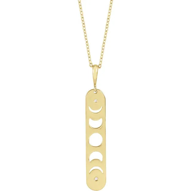 Moon Phase Natural Diamond Bar Pendant Necklace in Solid 14K Yellow Gold