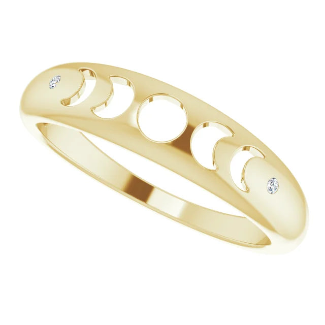 Moon Phase Natural Diamond Ring in Solid 14K Yellow Gold 