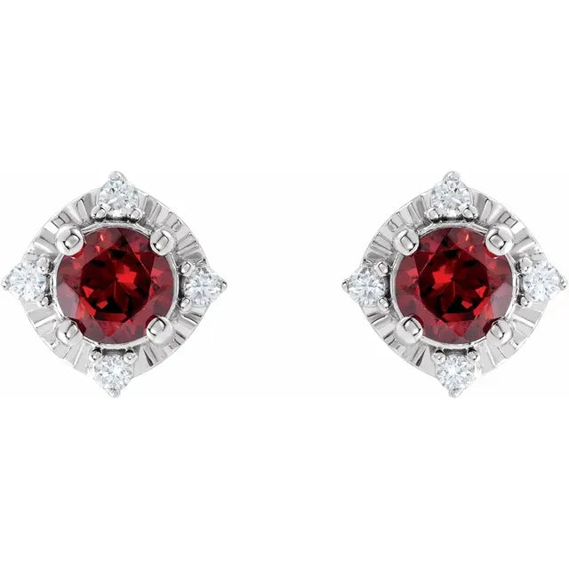 Luxe Wear Everyday™ Halo Style Birthstone Natural Mozambique Garnet & Natural Diamond Stud Earrings Sterling Silver