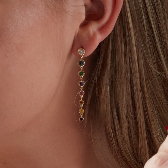 Stay Flirty Natural Diamond & Rainbow Gemstone Dangle Earrings 14K Yellow Gold 