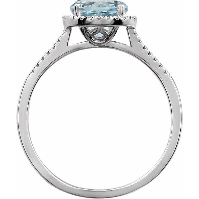 Round Statement Birthstone Natural Aquamarine & Diamond Halo Style Sterling Silver Ring