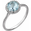 Round Statement Birthstone Natural Aquamarine & Diamond Halo Style Sterling Silver Ring