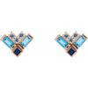Blue Multi-Gemstone Natural Aquamarine Sapphire Topaz Stud Cluster Earrings in 14K Rose Gold 