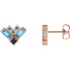 Blue Multi-Gemstone Natural Aquamarine Sapphire Topaz Stud Cluster Earrings in 14K Rose Gold 