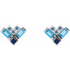 Blue Multi-Gemstone Natural Aquamarine Sapphire Topaz Stud Cluster Earrings in 14K White Gold 