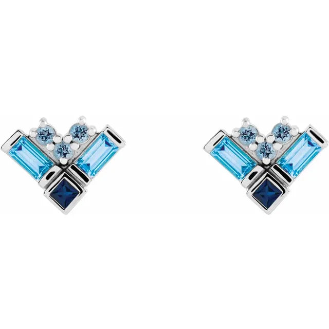 Blue Multi-Gemstone Natural Aquamarine Sapphire Topaz Stud Cluster Earrings in 14K White Gold 