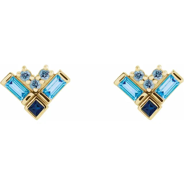 Blue Multi-Gemstone Natural Aquamarine Sapphire Topaz Stud Cluster Earrings in 14K Yellow Gold 