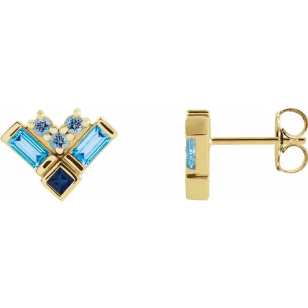 Blue Multi-Gemstone Natural Aquamarine Sapphire Topaz Stud Cluster Earrings in 14K Yellow Gold 