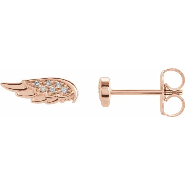 Natural Diamond Angel Wing Stud Earrings in Solid 14K Rose Gold