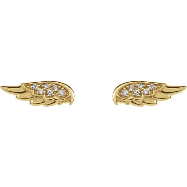 Natural Diamond Angel Wing Stud Earrings in Solid 14K Yellow Gold