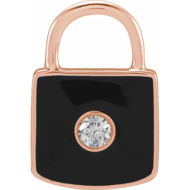 Black Enamel & Natural Diamond Lock Charm Pendant in 14K Rose Gold