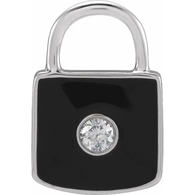Black Enamel & Natural Diamond Lock Charm Pendant in 14K White Gold