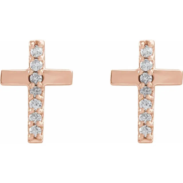 Natural Diamond Cross Stud Earrings in 14K Rose Gold 