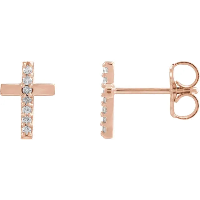 Natural Diamond Cross Stud Earrings in 14K Rose Gold 