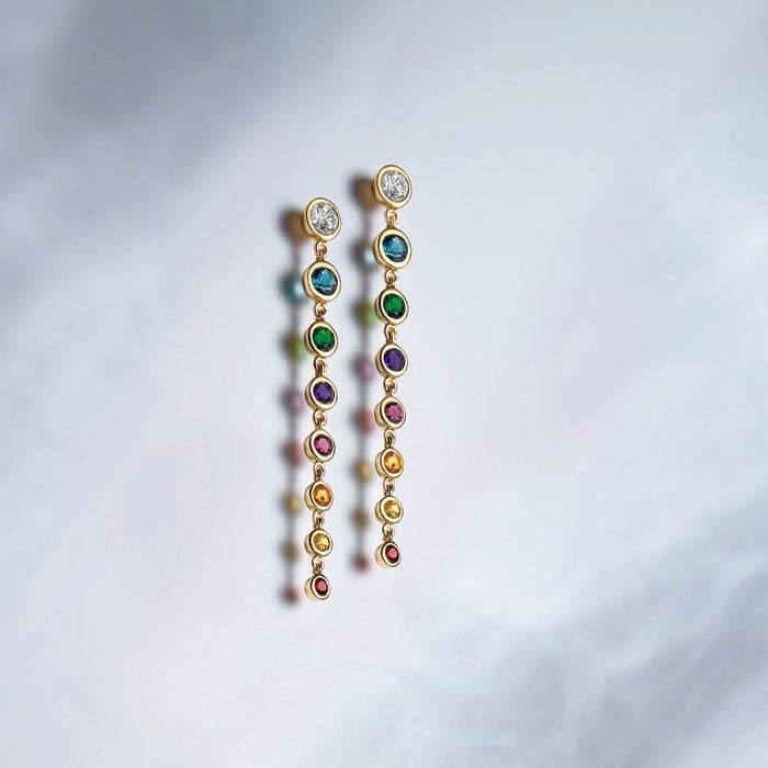 Stay Flirty Natural Diamond & Rainbow Gemstone Graduated Dangle Earrings in 14K Yellow Gold